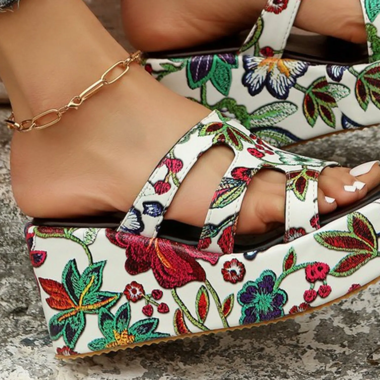 Floral Peep Toe Wedge Platform Sandals