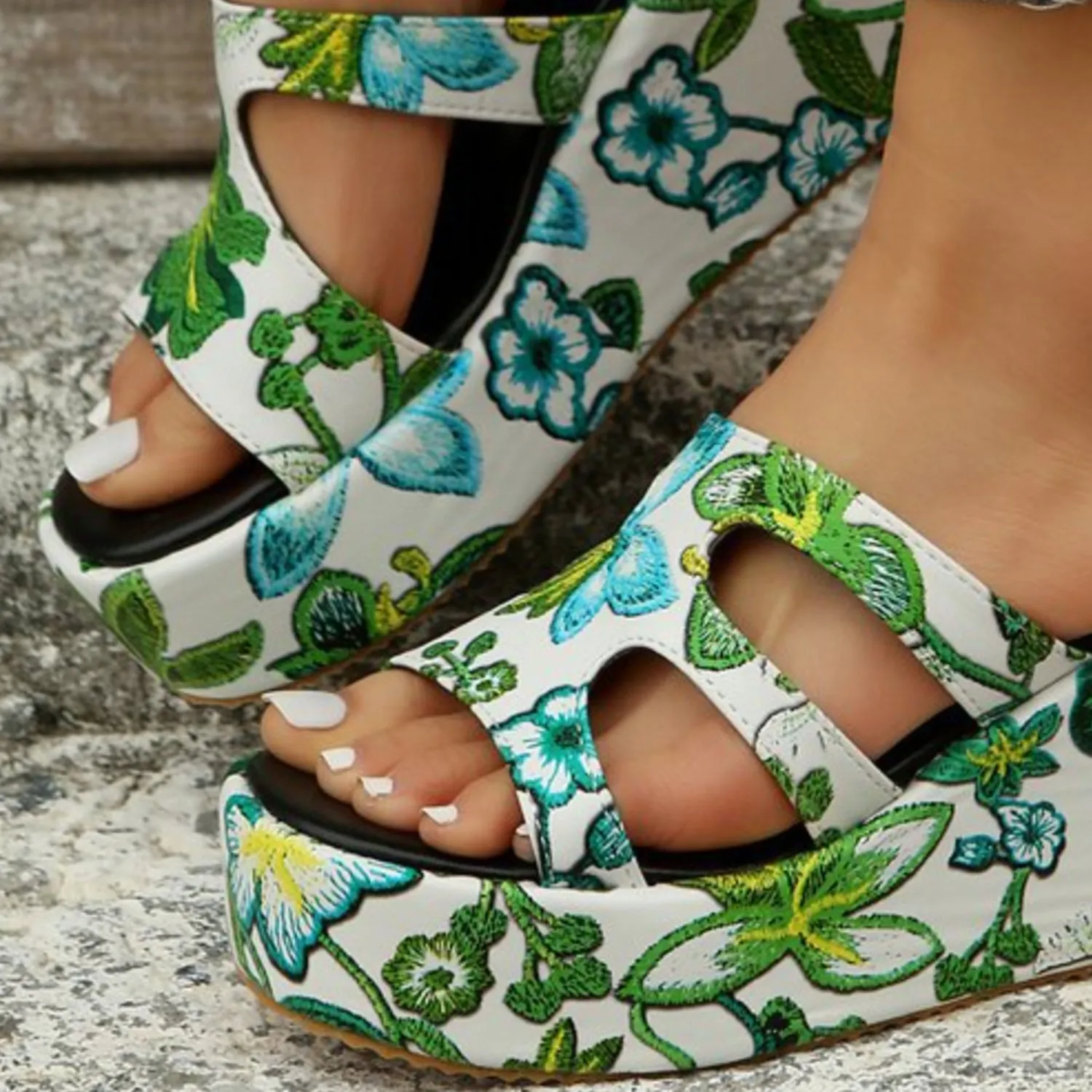 Floral Peep Toe Wedge Platform Sandals