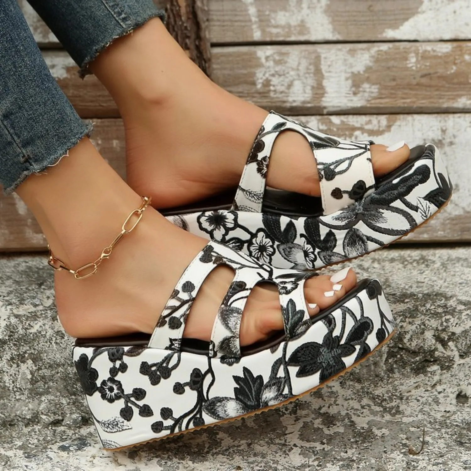 Floral Peep Toe Wedge Platform Sandals