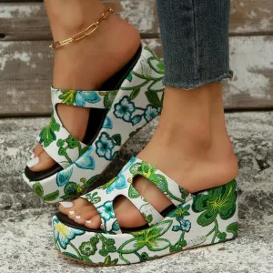 Floral Peep Toe Wedge Platform Sandals