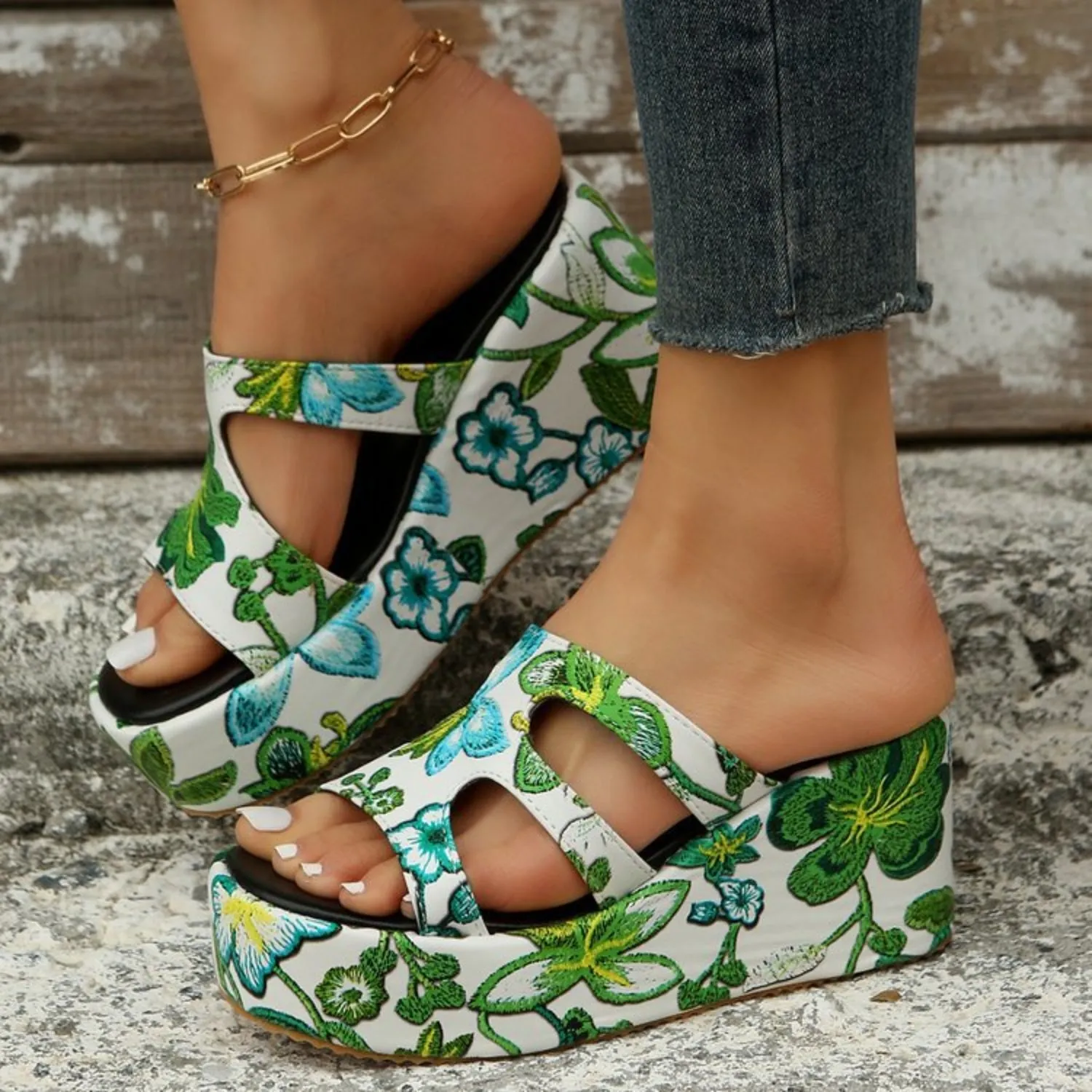 Floral Peep Toe Wedge Platform Sandals