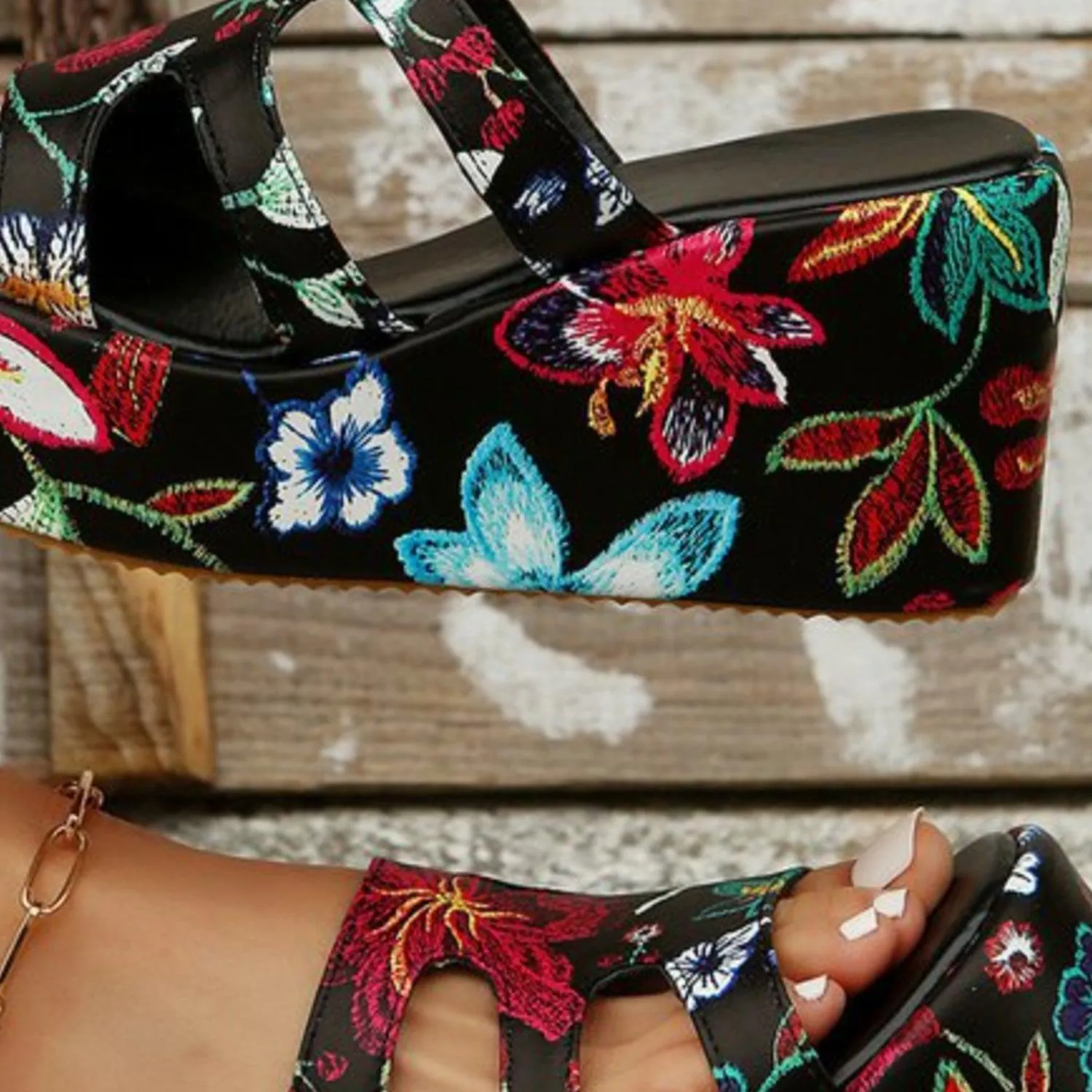 Floral Peep Toe Wedge Platform Sandals