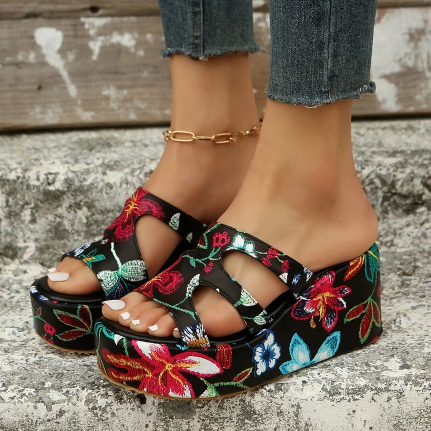 Floral Peep Toe Wedge Platform Sandals