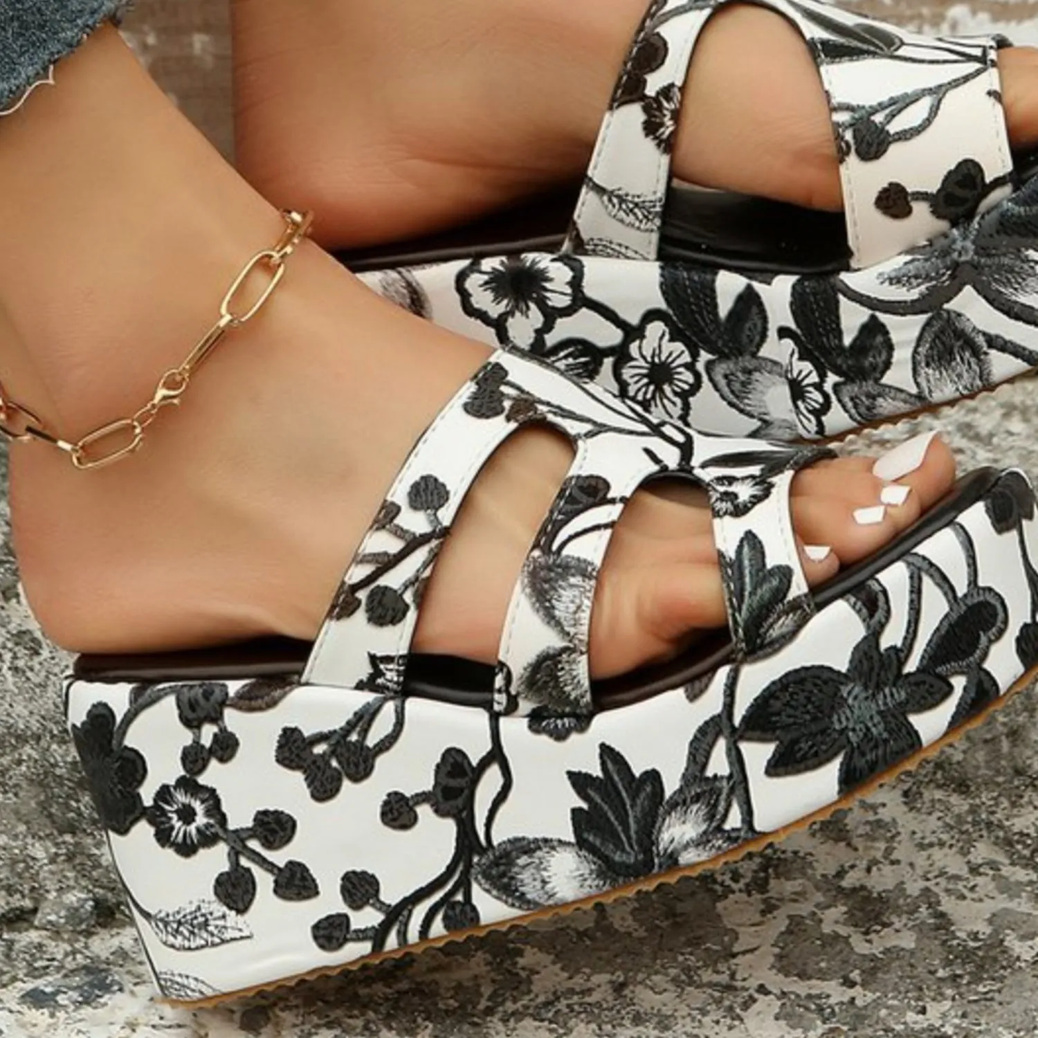 Floral Peep Toe Wedge Platform Sandals