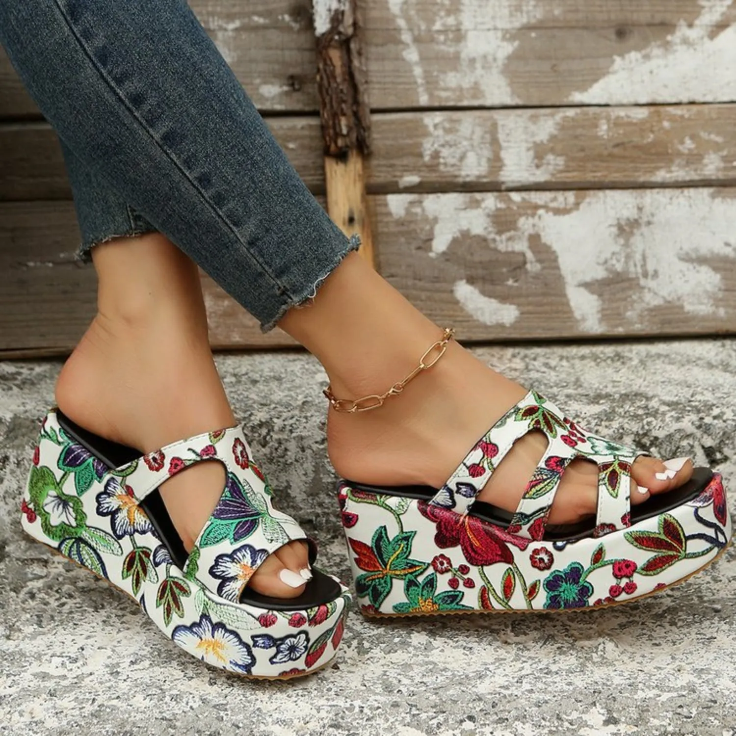 Floral Peep Toe Wedge Platform Sandals