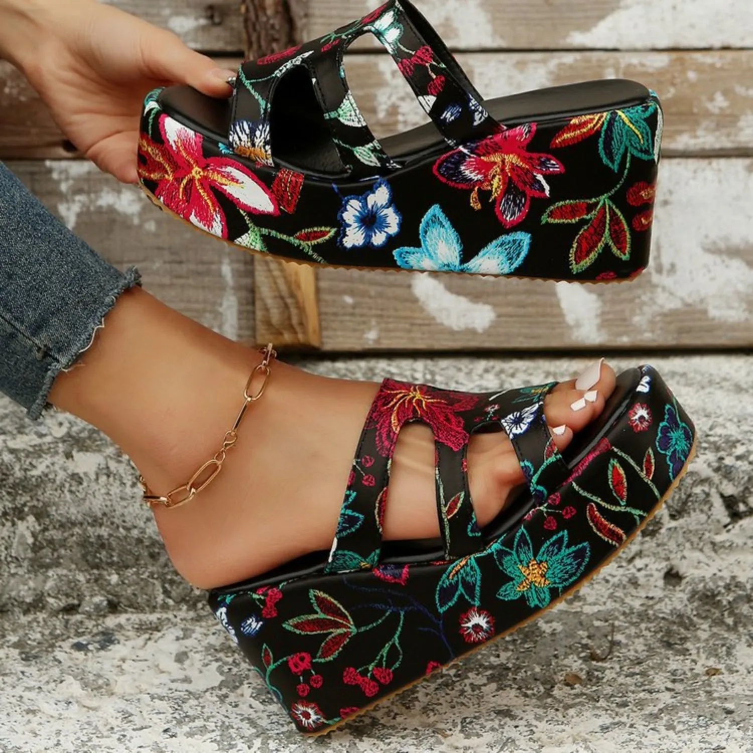 Floral Peep Toe Wedge Platform Sandals
