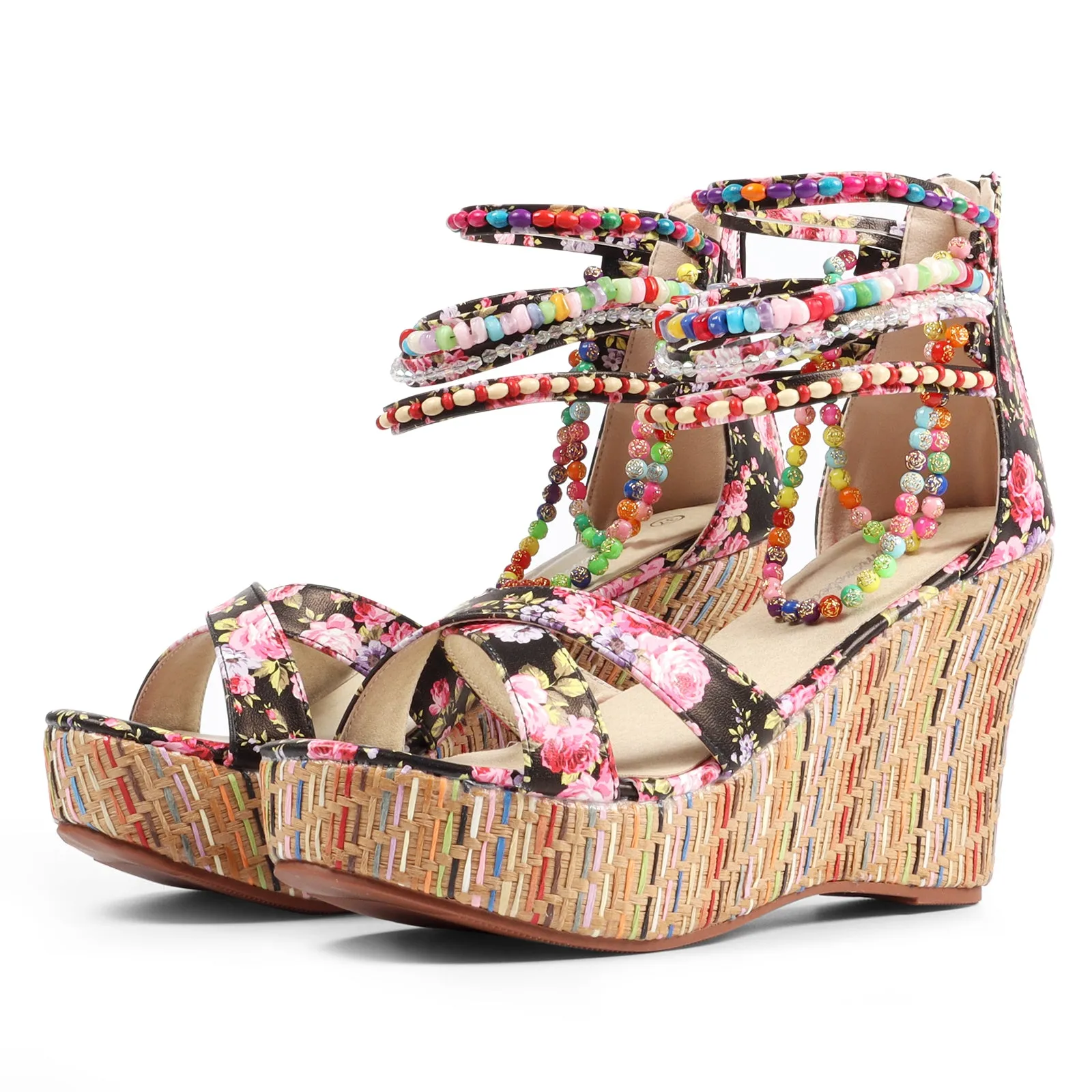 Getmorebeauty Women Spring Vibe Wedge Sandals With Pearls Weave Platform Heels