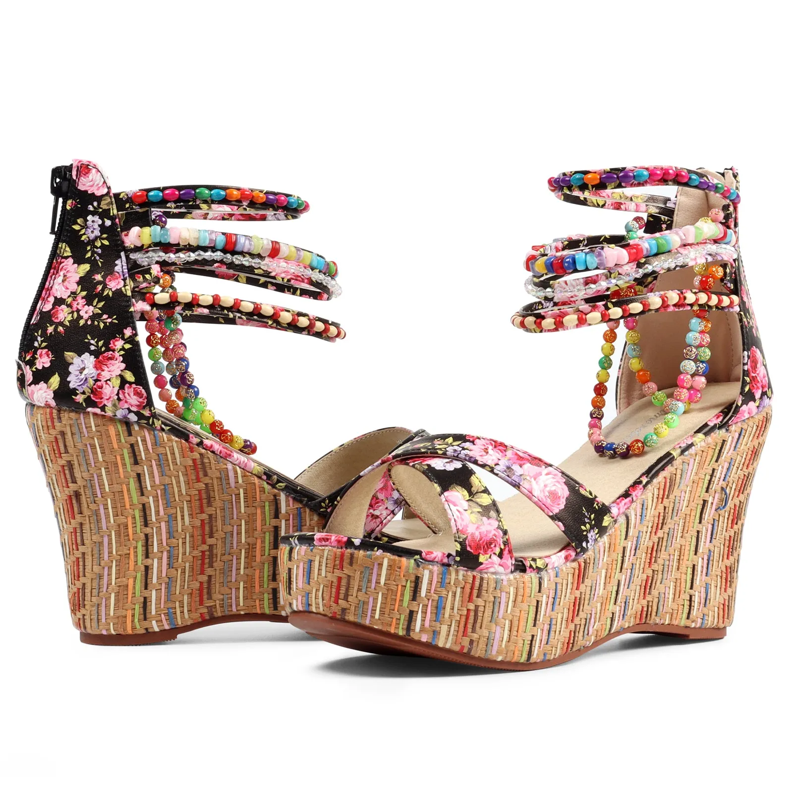 Getmorebeauty Women Spring Vibe Wedge Sandals With Pearls Weave Platform Heels