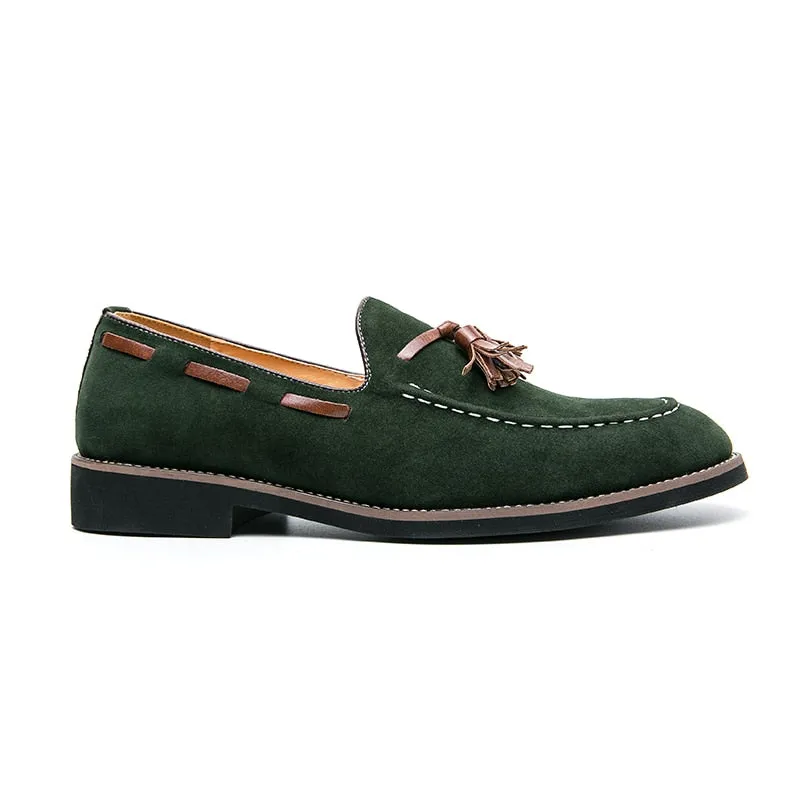 Hnzxzm Men British Loafers Solid Color Faux Suede Stitches Round Toe Tassel Slip On Classic Fashion Business Casual Wedding Dress Shoes