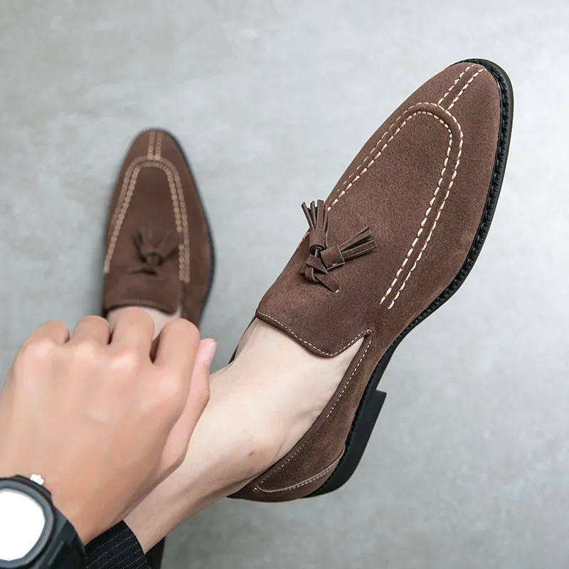 Hnzxzm Men's Loafers Brand Suede Leather Shoes Vintage Slip-on Classic Casual Men Driving Shoes Wedding Male Dress Shoes Tassel pointed