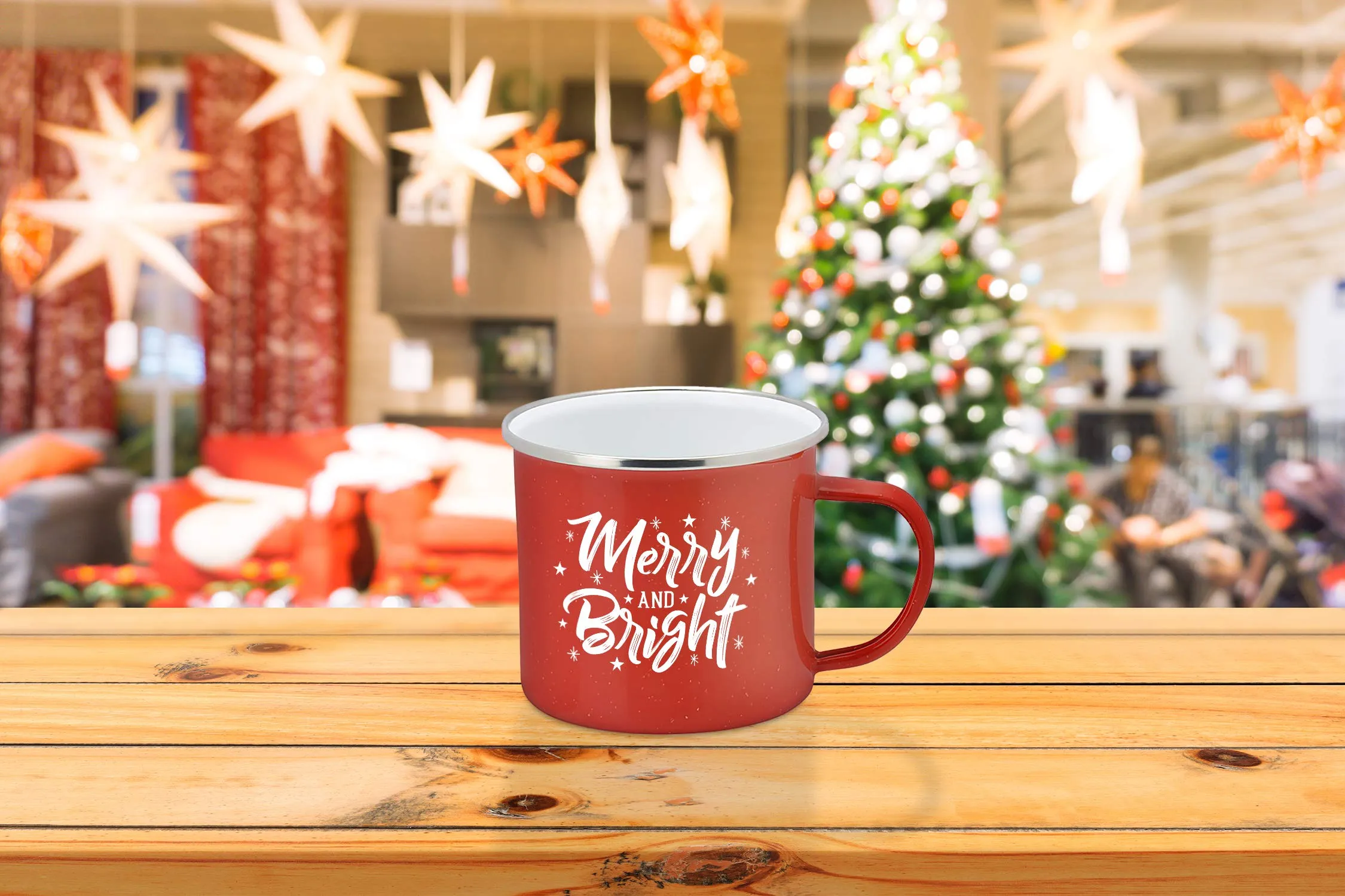 Holiday Coffee Mug - Festive Red Enamel Camping 16 Ounce Coffee Cup For Home and Gifting, Merry and Bright