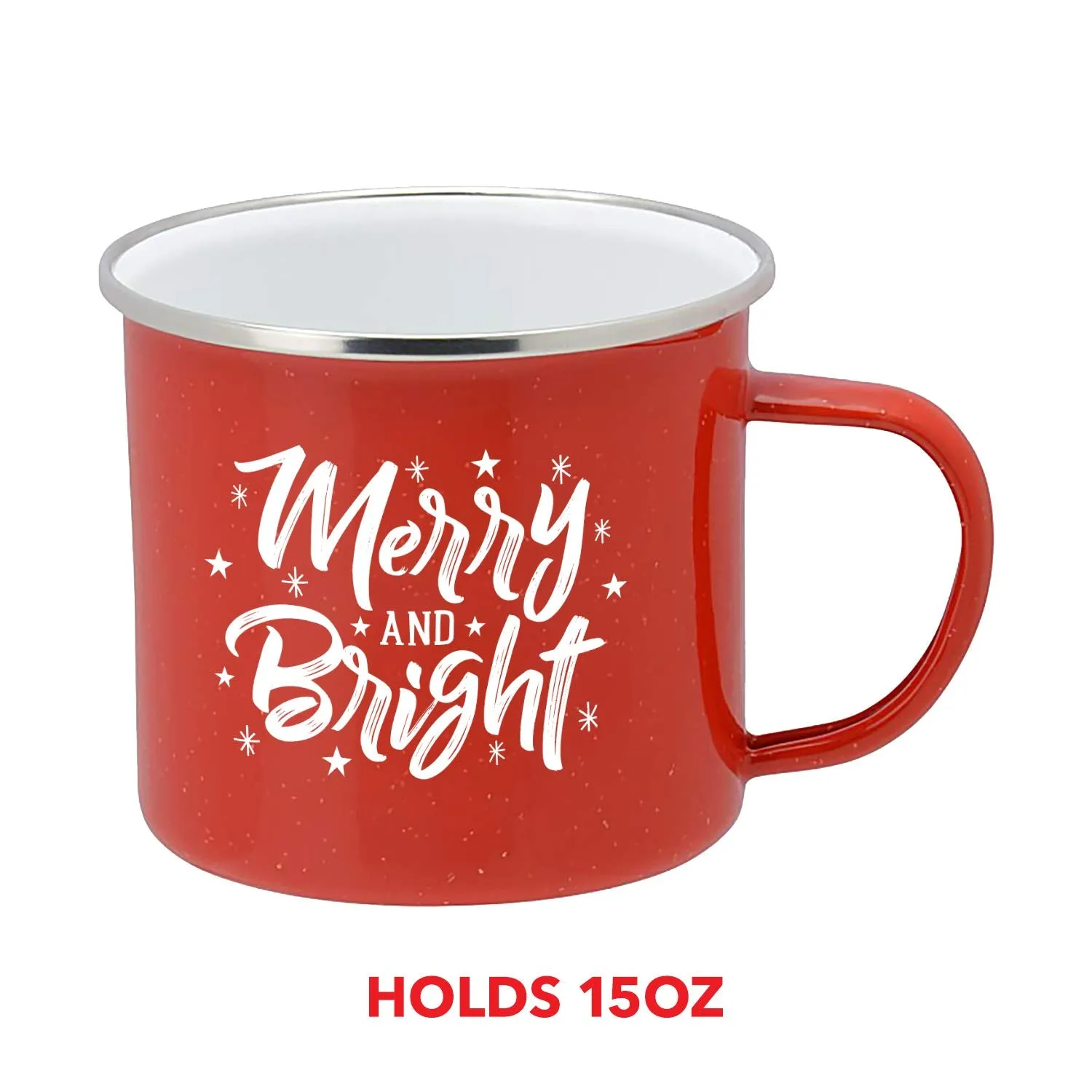 Holiday Coffee Mug - Festive Red Enamel Camping 16 Ounce Coffee Cup For Home and Gifting, Merry and Bright