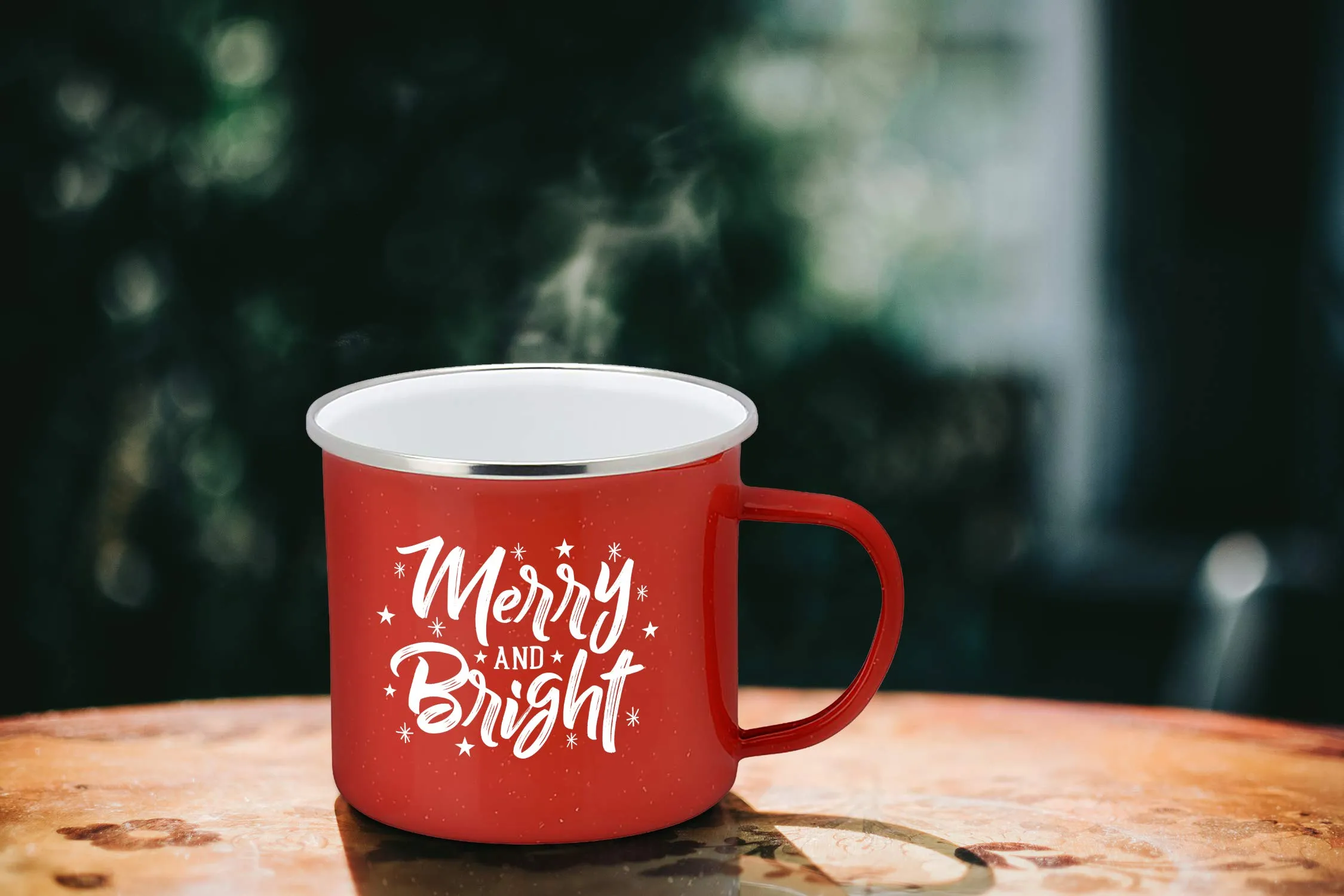 Holiday Coffee Mug - Festive Red Enamel Camping 16 Ounce Coffee Cup For Home and Gifting, Merry and Bright