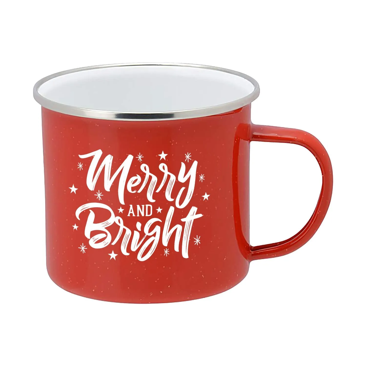 Holiday Coffee Mug - Festive Red Enamel Camping 16 Ounce Coffee Cup For Home and Gifting, Merry and Bright