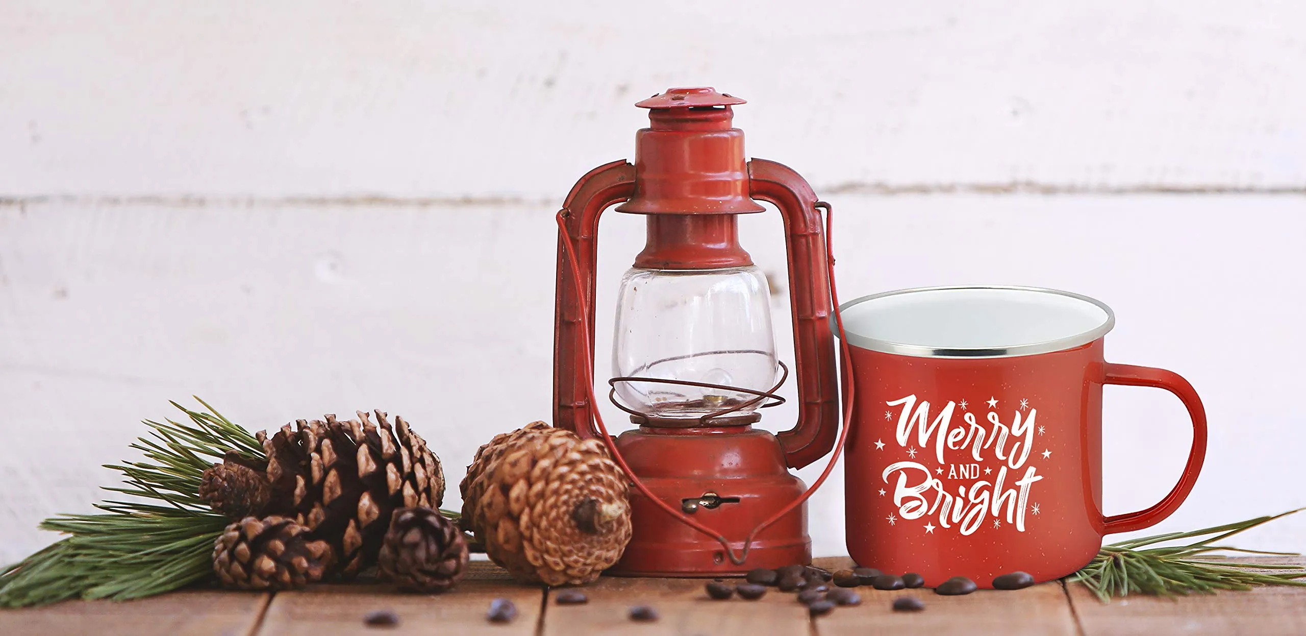 Holiday Coffee Mug - Festive Red Enamel Camping 16 Ounce Coffee Cup For Home and Gifting, Merry and Bright