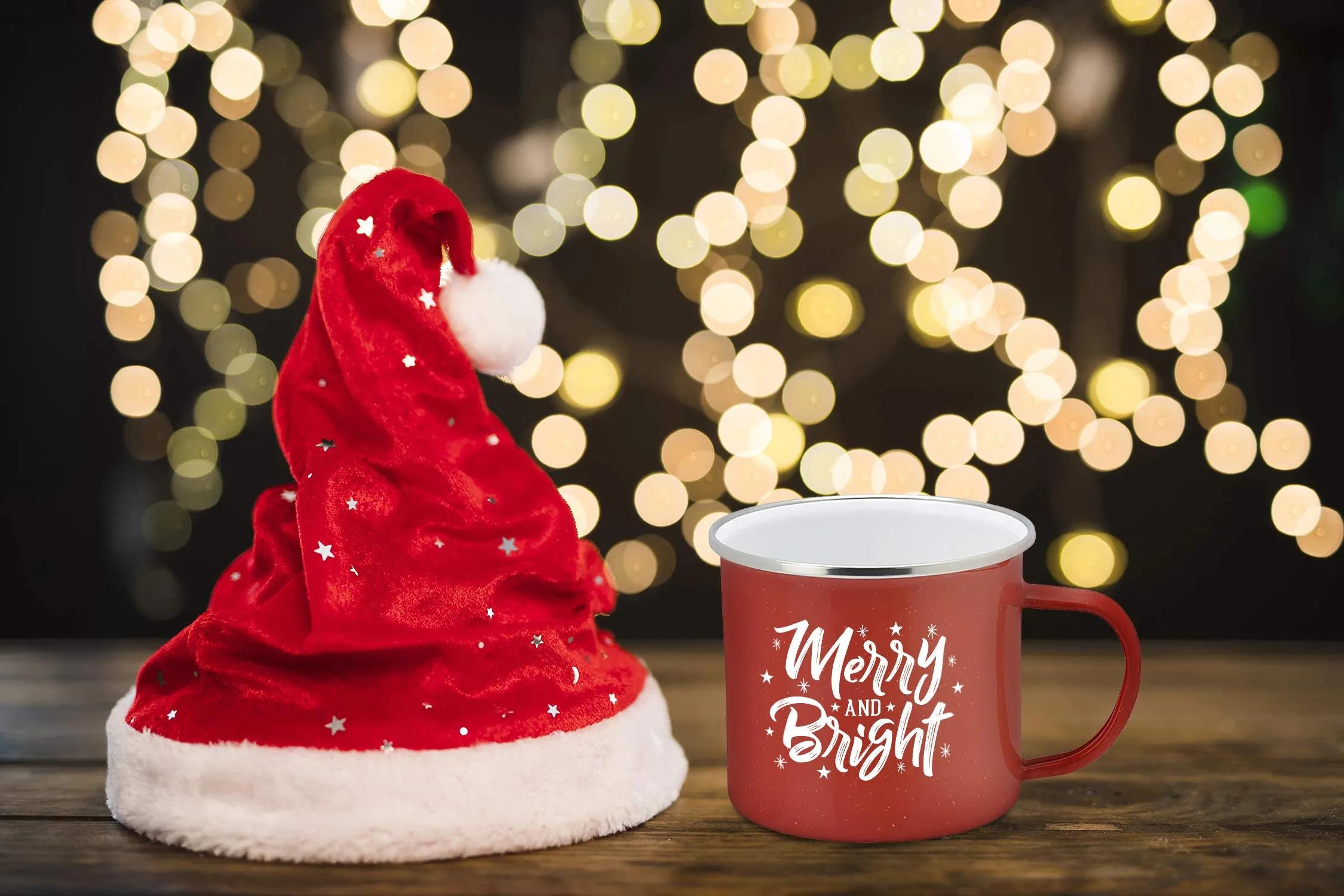 Holiday Coffee Mug - Festive Red Enamel Camping 16 Ounce Coffee Cup For Home and Gifting, Merry and Bright