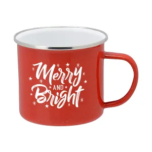 Holiday Coffee Mug - Festive Red Enamel Camping 16 Ounce Coffee Cup For Home and Gifting, Merry and Bright