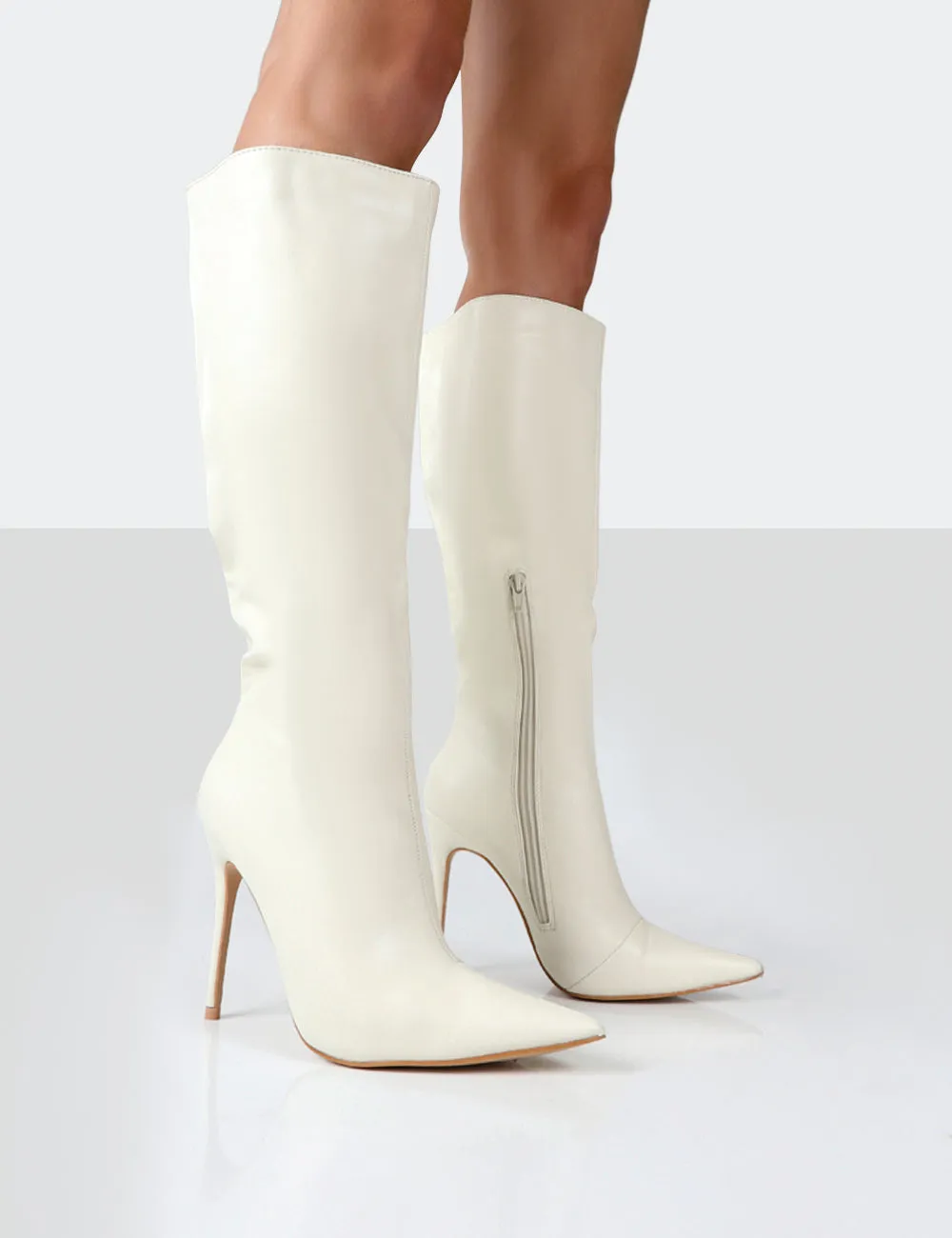 Horizon Ecru PU Stiletto Knee High Boots