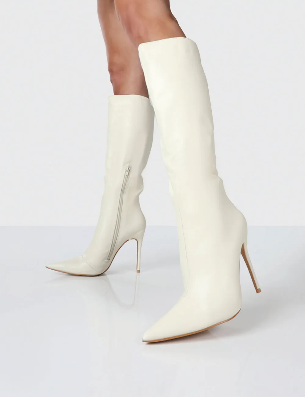 Horizon Ecru PU Stiletto Knee High Boots