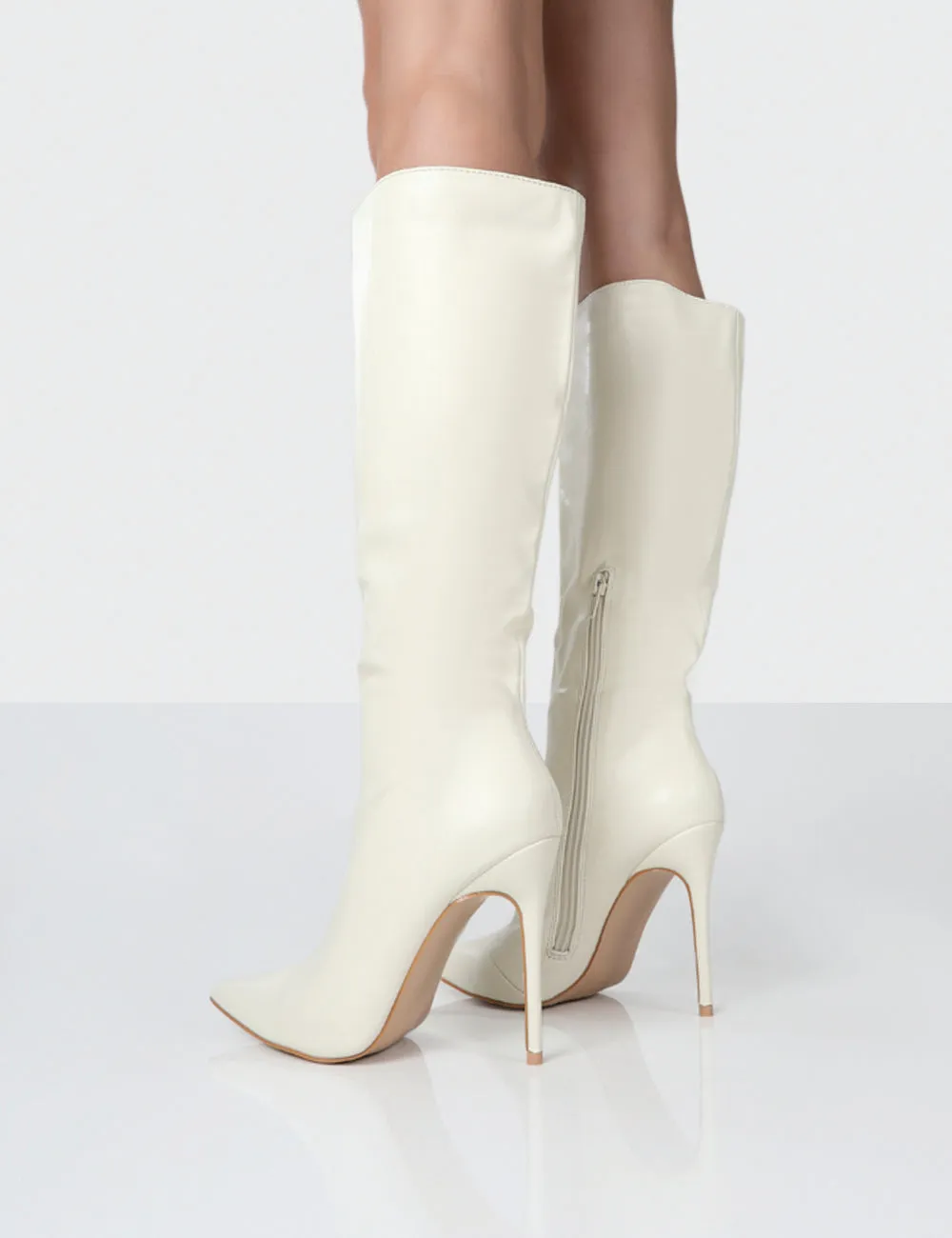 Horizon Ecru PU Stiletto Knee High Boots