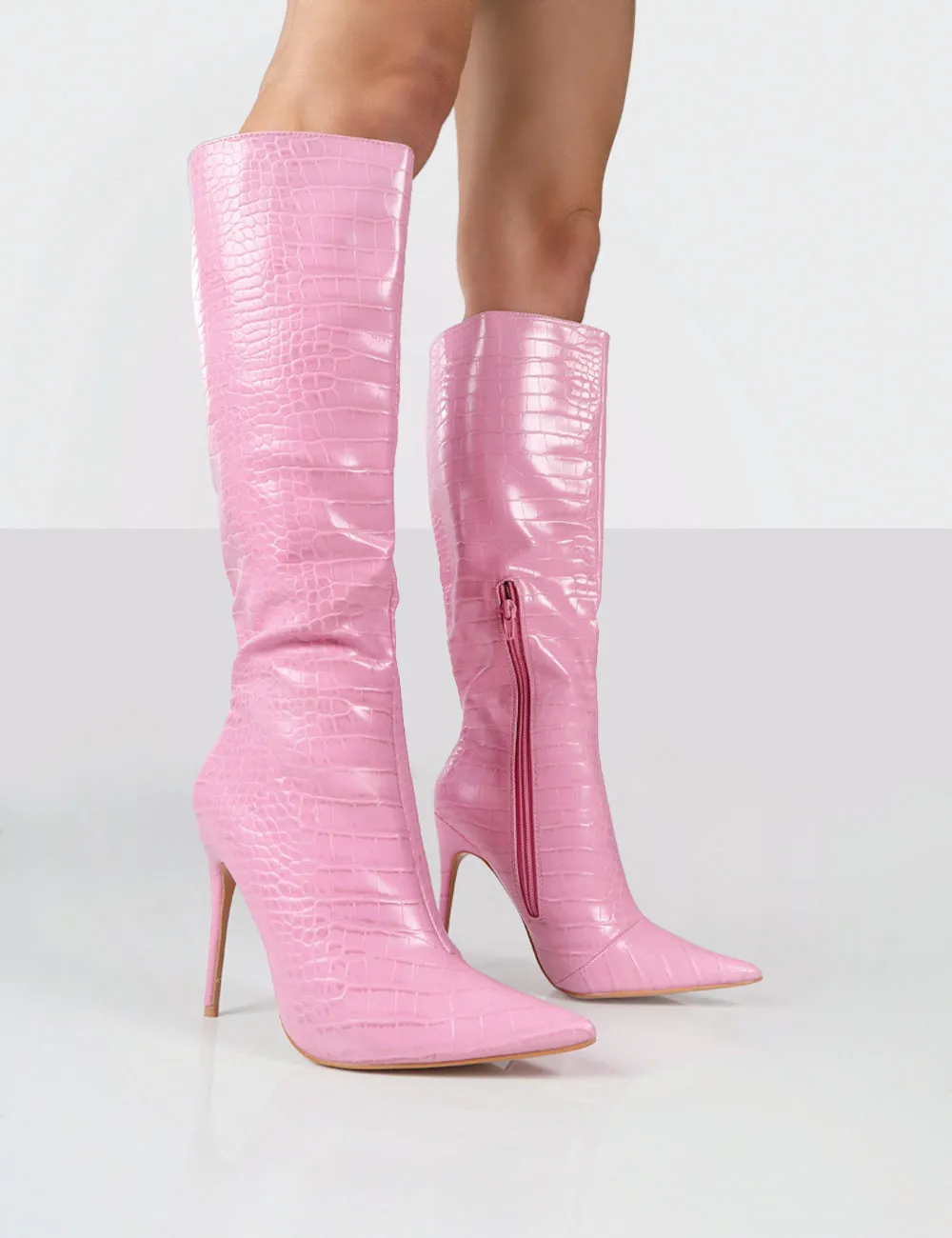 Horizon Pink Croc PU Knee High Boots