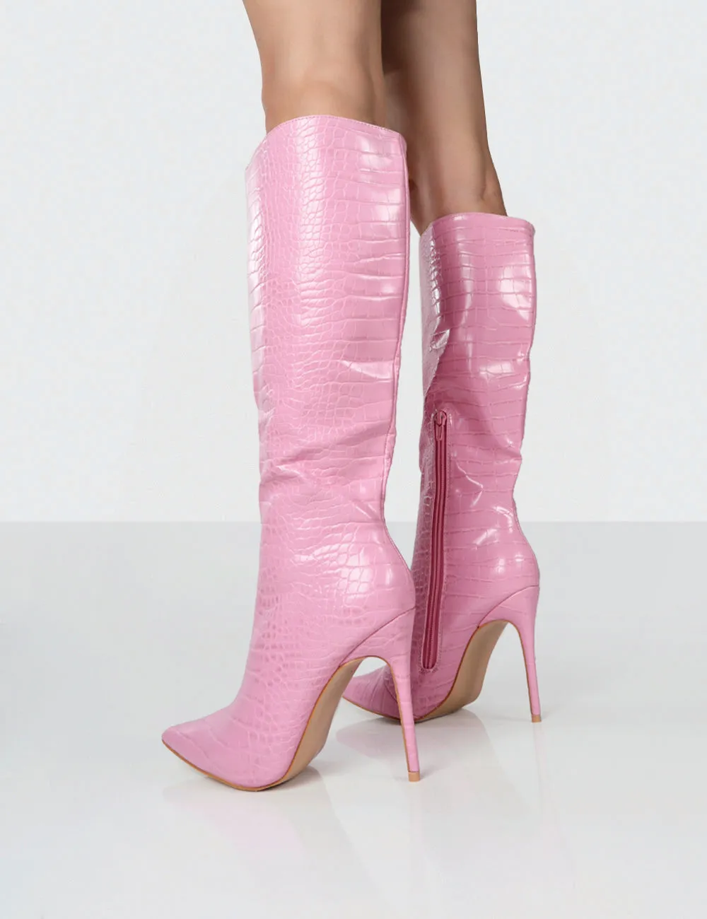 Horizon Pink Croc PU Knee High Boots