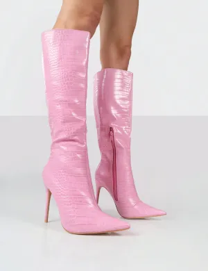 Horizon Pink Croc PU Knee High Boots