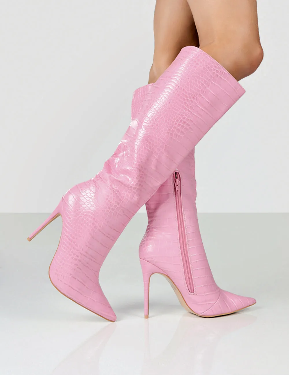 Horizon Pink Croc PU Knee High Boots