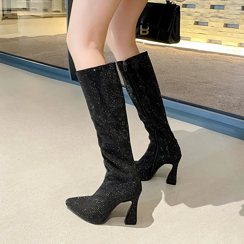 Ines Rhinestone Knee High Boots Black