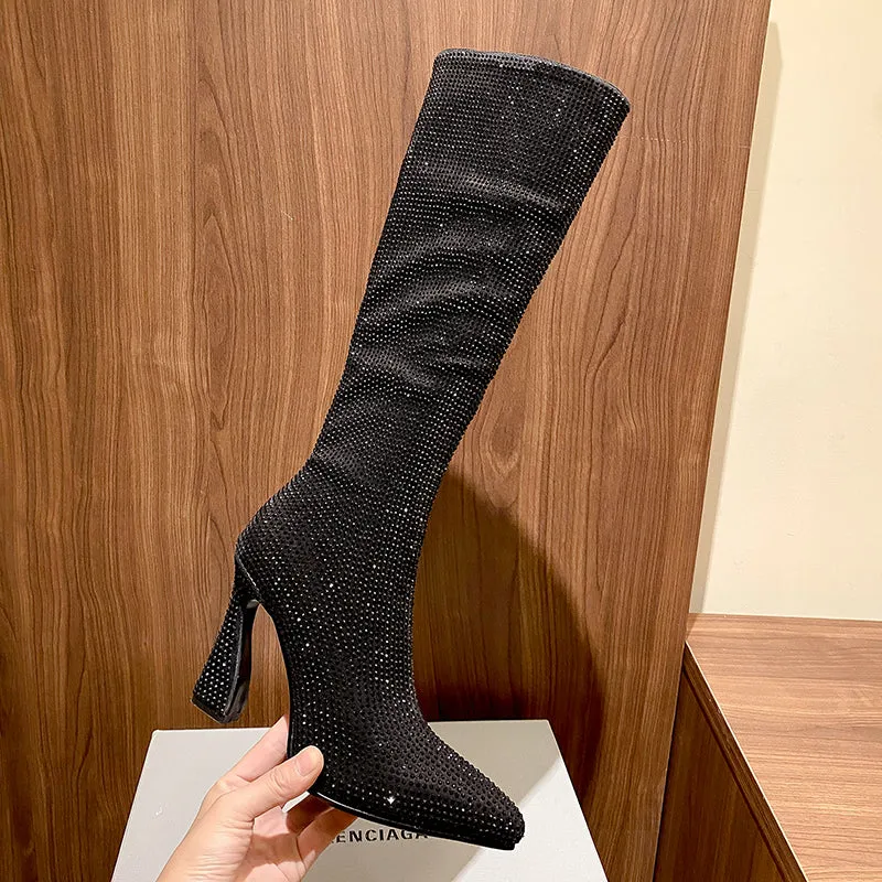 Ines Rhinestone Knee High Boots Black