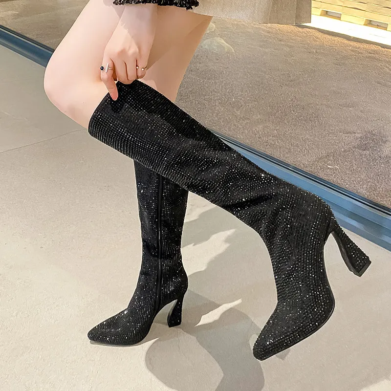 Ines Rhinestone Knee High Boots Black