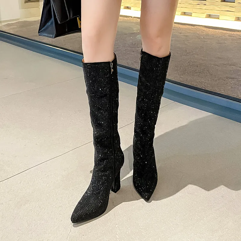 Ines Rhinestone Knee High Boots Black
