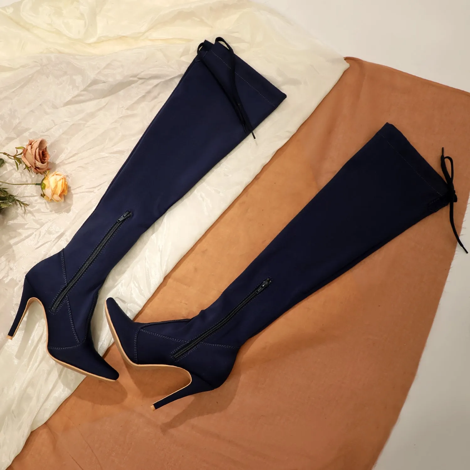 Knee High Stiletto Boots - Navy Blue