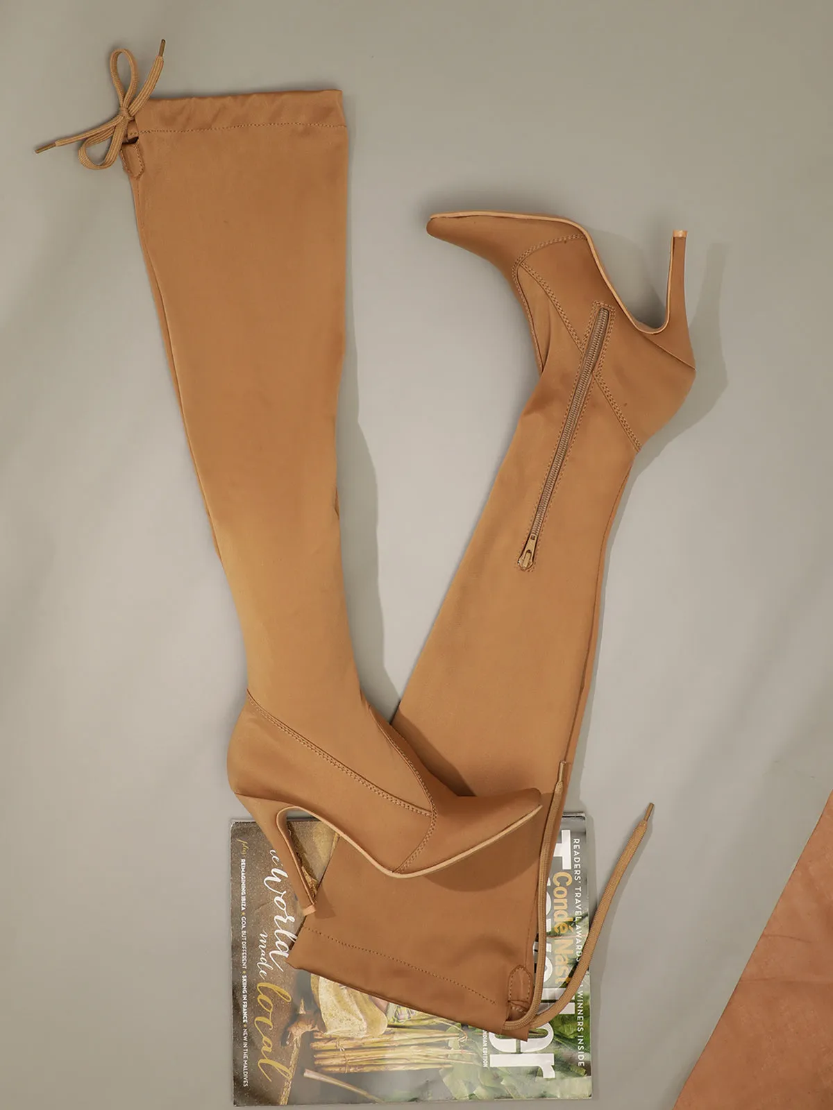 Knee High Stiletto Boots - Tan