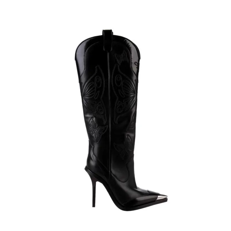 KUHIO Metal Plated Stiletto Heel Knee High Boots
