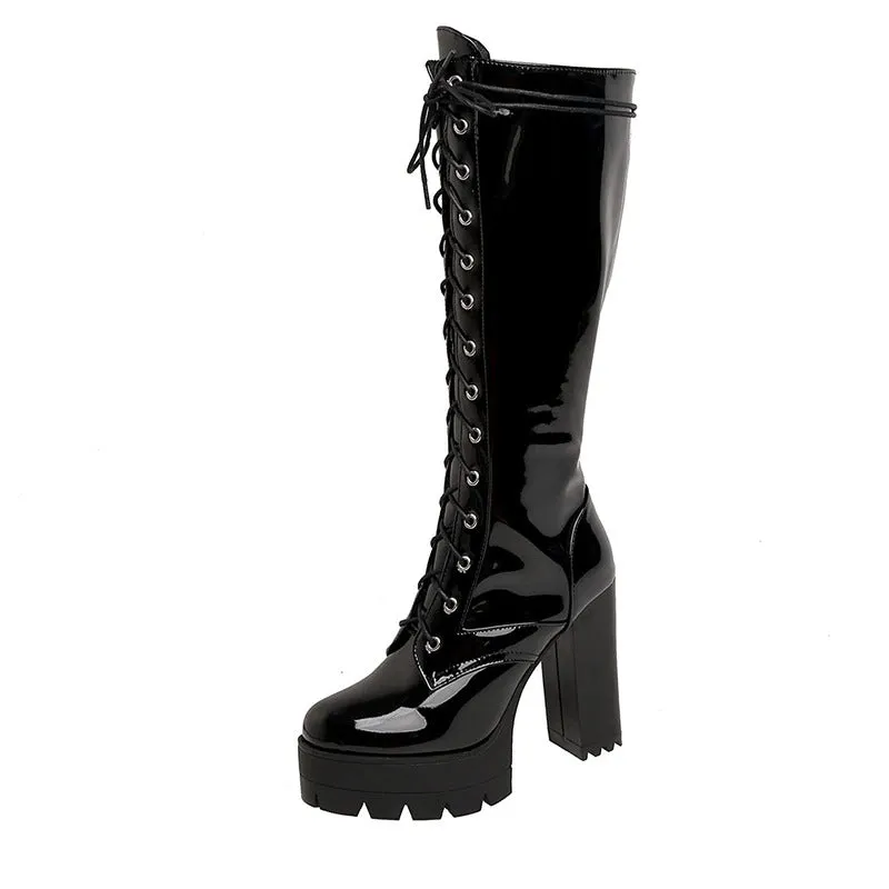 Lace Up Leather Knee High Boots