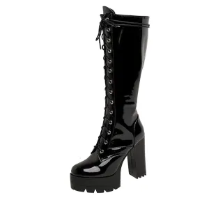 Lace Up Leather Knee High Boots