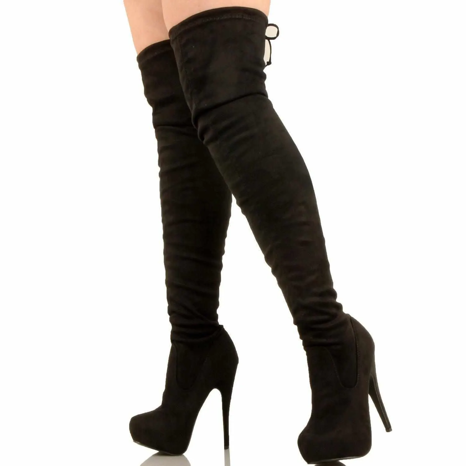 Ladies Hot Red Faux Suede Lace Up Knee High Boots