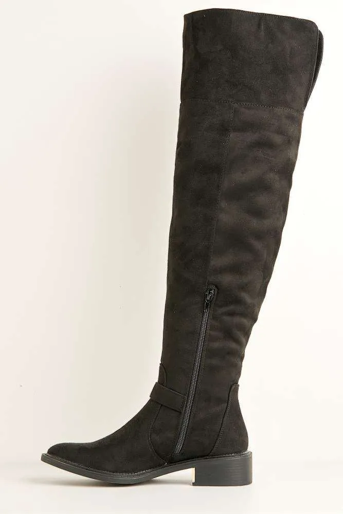 Lanae Low Heel Buckle Knee High Boots in Black