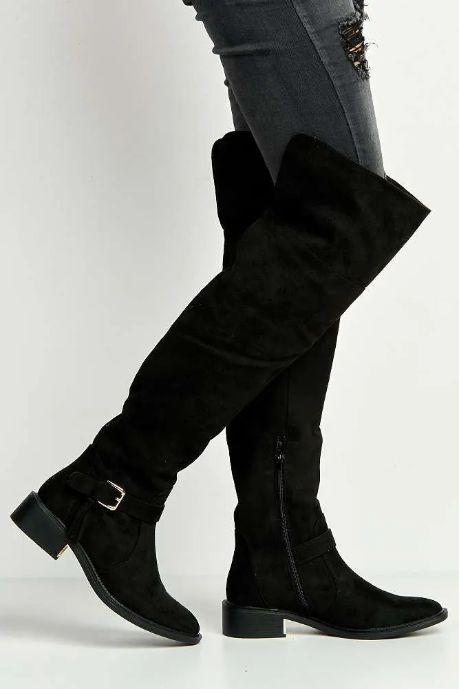 Lanae Low Heel Buckle Knee High Boots in Black