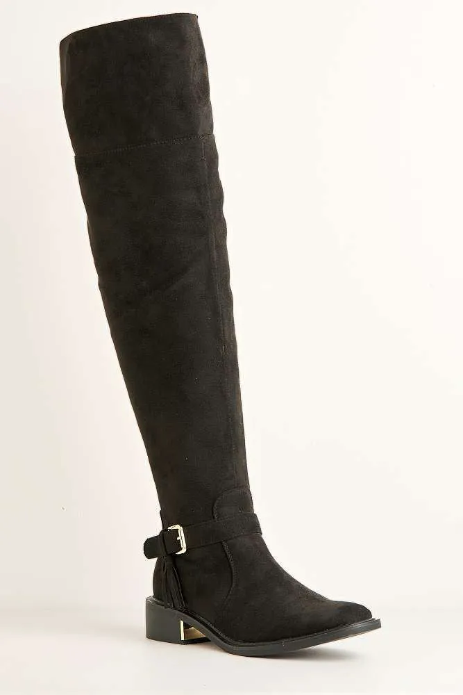 Lanae Low Heel Buckle Knee High Boots in Black