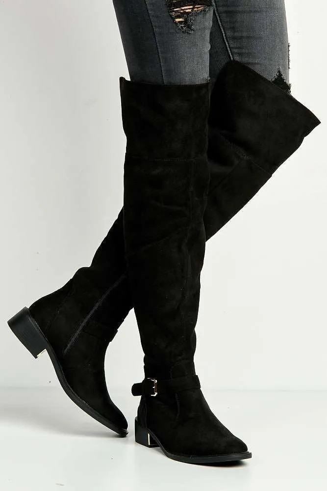 Lanae Low Heel Buckle Knee High Boots in Black