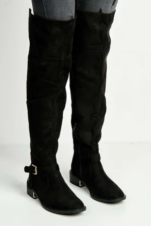 Lanae Low Heel Buckle Knee High Boots in Black