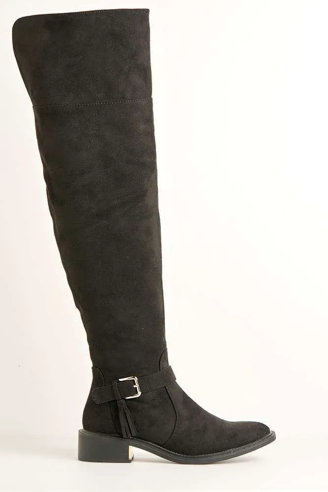 Lanae Low Heel Buckle Knee High Boots in Black