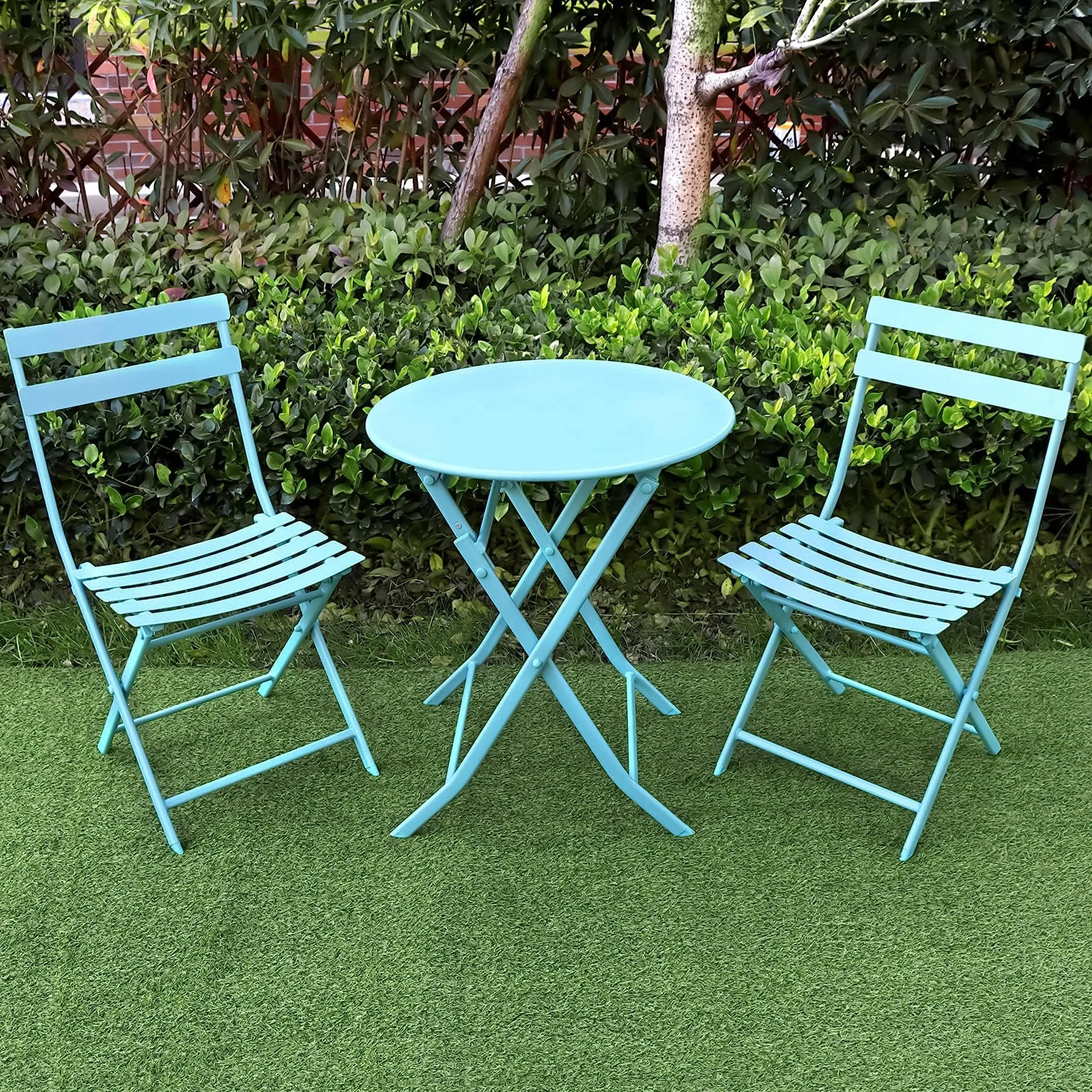 Livzing Metal Camping Foldable Table & Chair Set-Bistro Table Set Portable Folding & Indoor/Outdoor Coffee/Patio Table Set for Dinning, Living Room,Balcony,Lawn & Garden-Blue - 23.62X23.62X27.56 Inch