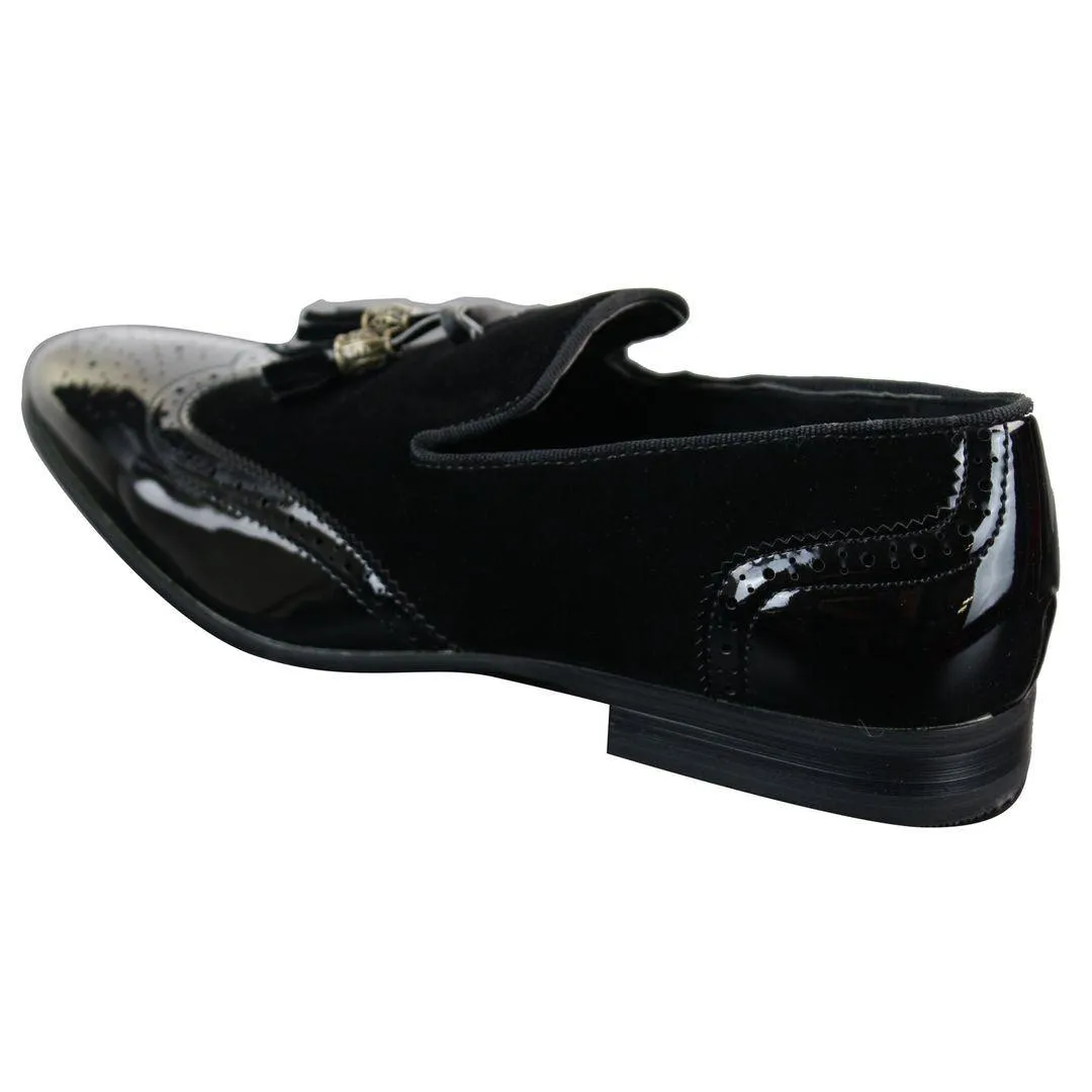 Mens Slip On Tassel Driving Shoes Shiny Black Navy Red Patent Leather PU Suede Loafers