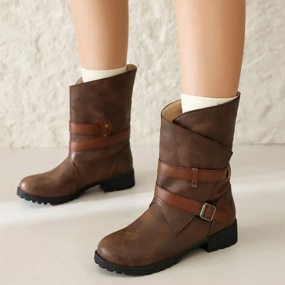 Merendy Haneen Round toe Platform low heel Retro knee High Wide-Calf Boots