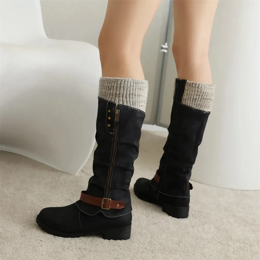 Merendy Haneen Round toe Platform low heel Retro knee High Wide-Calf Boots