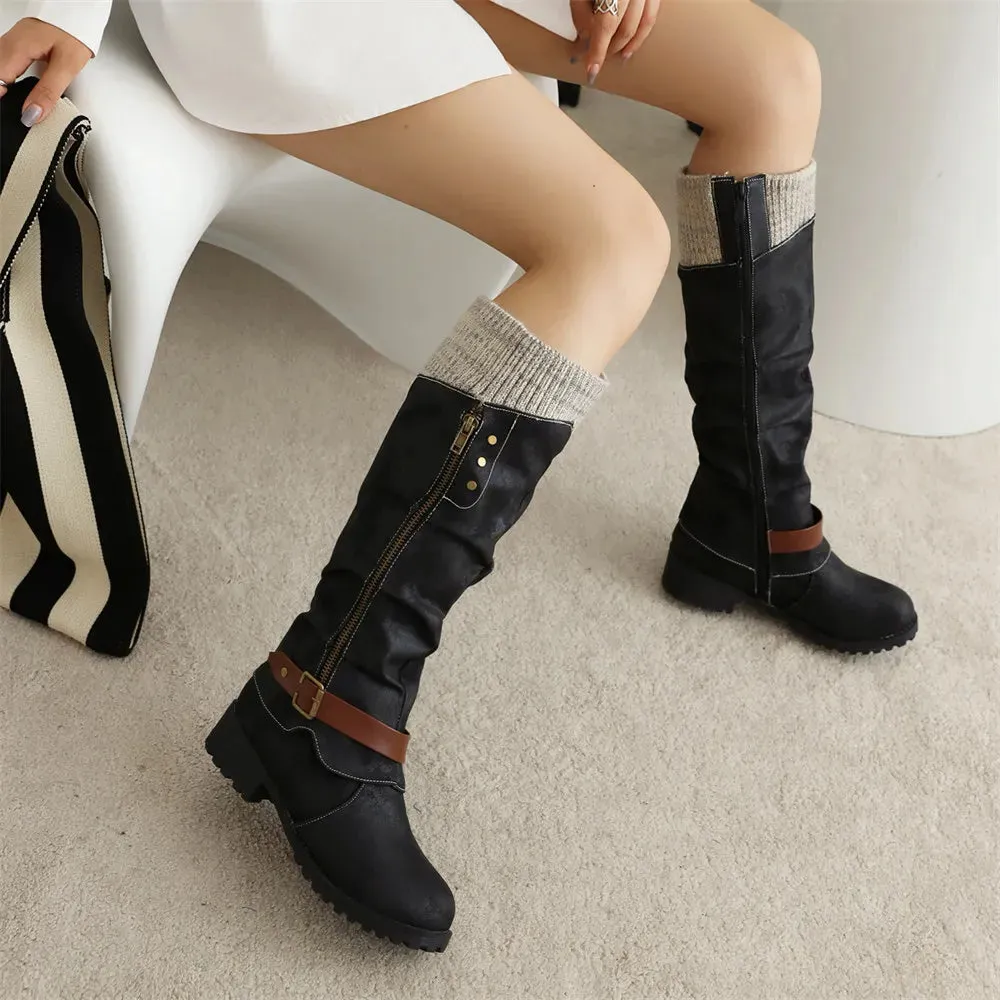 Merendy Haneen Round toe Platform low heel Retro knee High Wide-Calf Boots