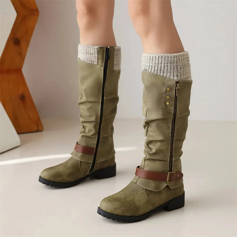 Merendy Haneen Round toe Platform low heel Retro knee High Wide-Calf Boots